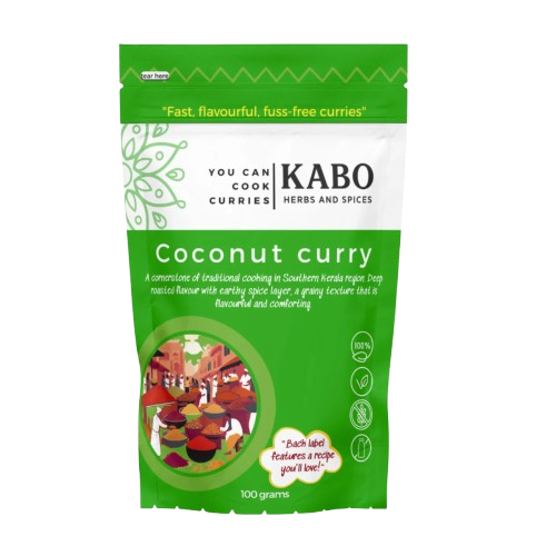 "Kabo Coconut Curry spice mix packaging on a white background"