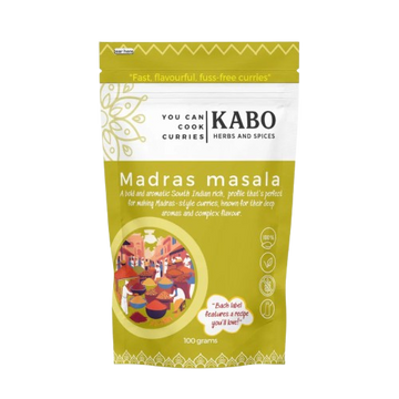 "Kabo Madras masala spice pack on a white background"