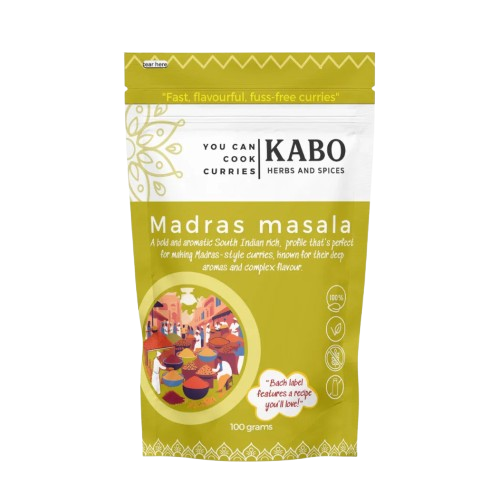 "Kabo Madras masala spice pack on a white background"