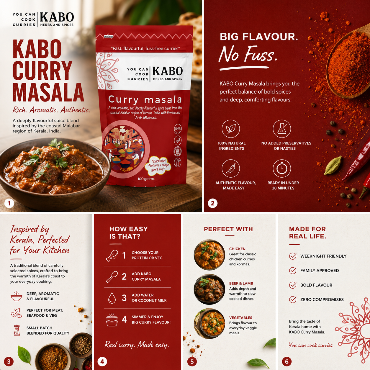 "Kabo Curry Masala packaging with text highlighting features and uses"