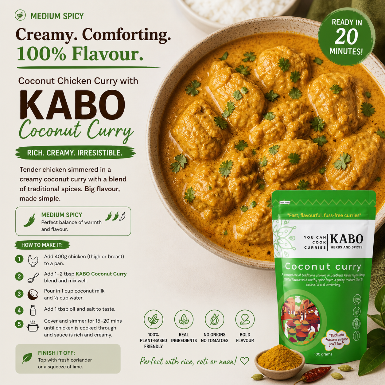 "KABO Coconut Curry package with a bowl of coconut chicken curry on a white background with recipe and how to do description"