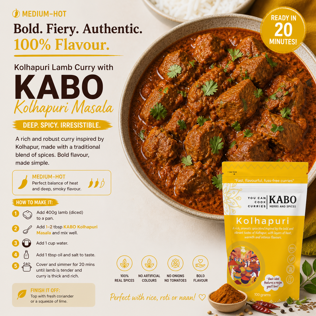 "Kolhapuri Lamb Curry with KABO Kolhapuri Masala with recipe and description"