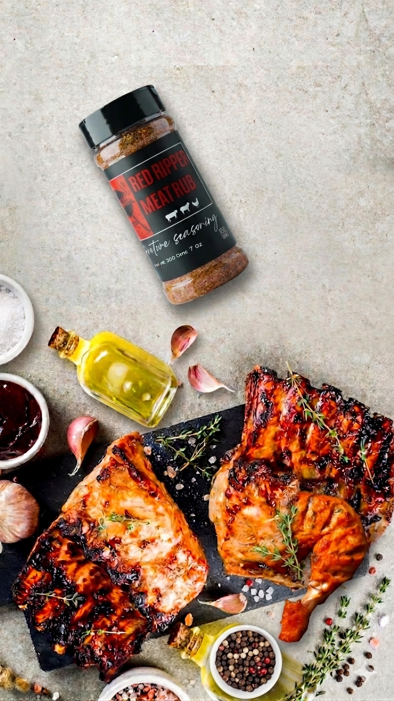 "Spiced chicken on a cutting board with a bottle of Kabo Red Ripper seasoning and ingredients on a stone surface"