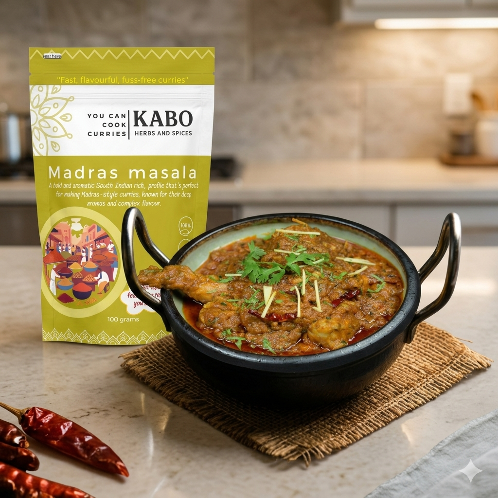 "KABO Madras masala package with a bowl of curry on a kitchen counter"