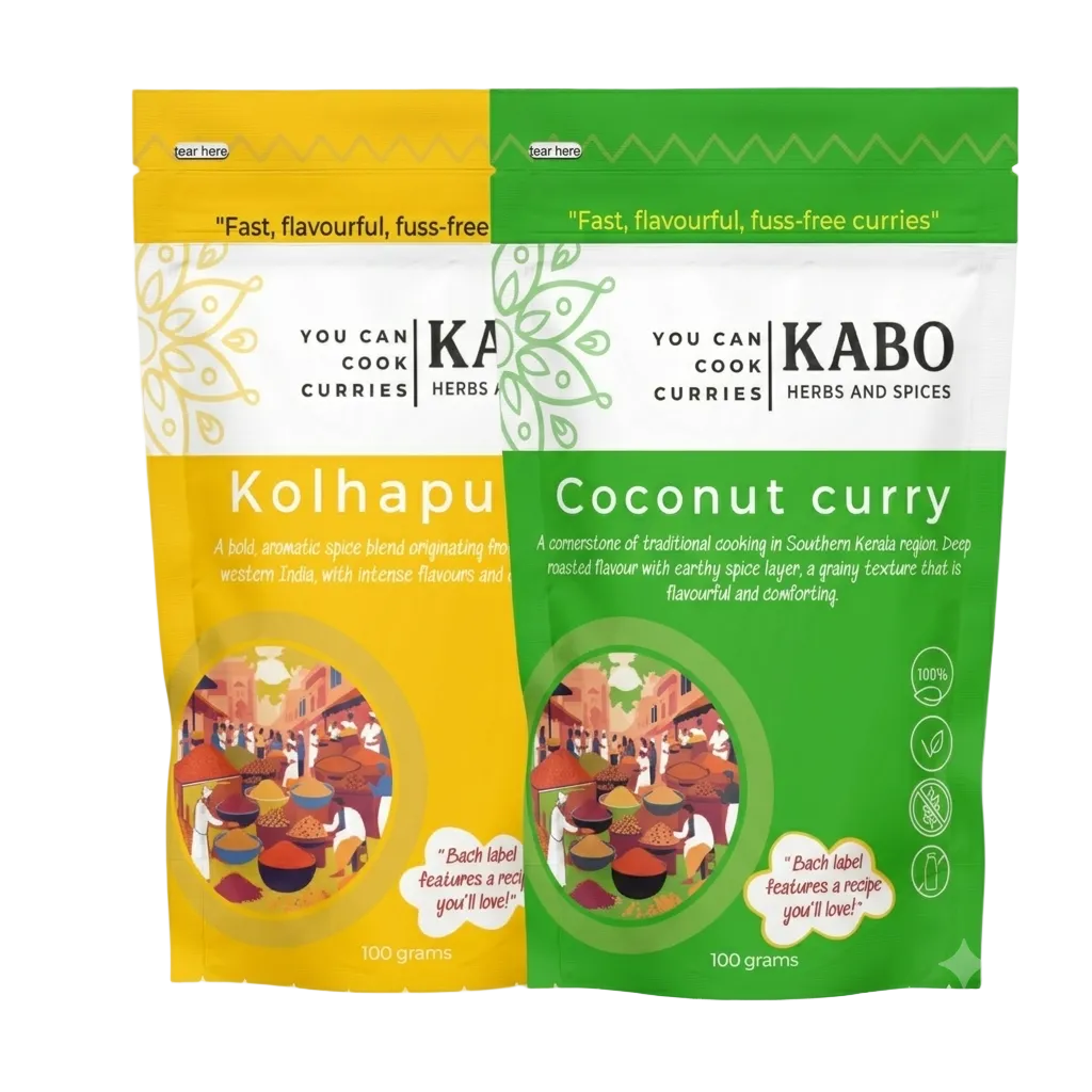 KABO Classic Indian Curry Bundle with Kolhapuri Masala and Coconut Curry pouches on a white background