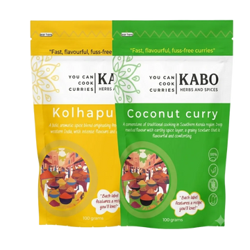 KABO Classic Indian Curry Bundle with Kolhapuri Masala and Coconut Curry pouches on a white background