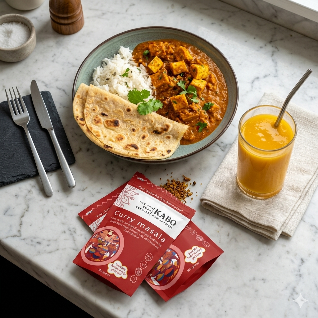 Paneer curry with rice and naan bread, glass of mango lassi, and KABO Curry Masala pouches on a kitchen counter, dinner ready"