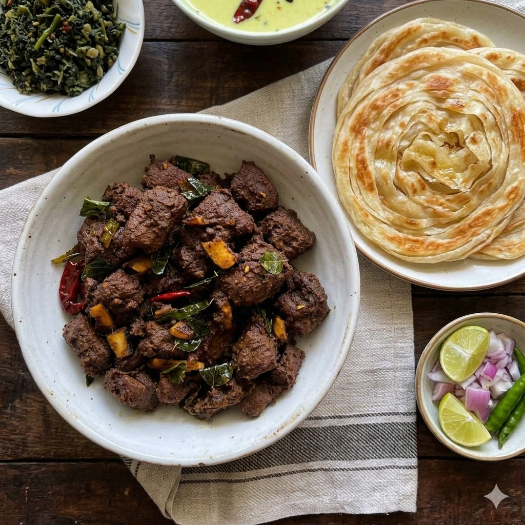 "Plated dish of Kerala beef roast with Kerala porotta"