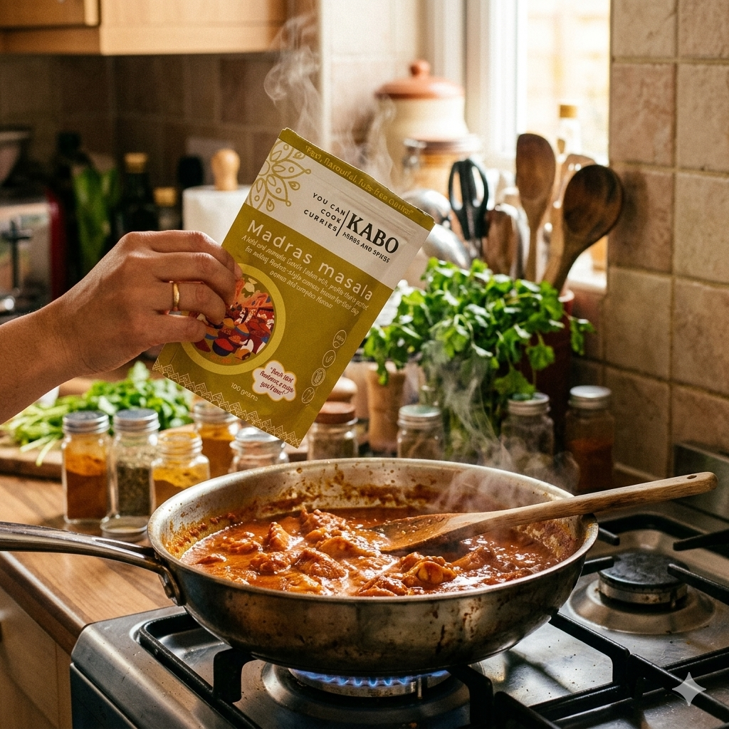 "Person cooking with KABO Madras masala in a kitchen"