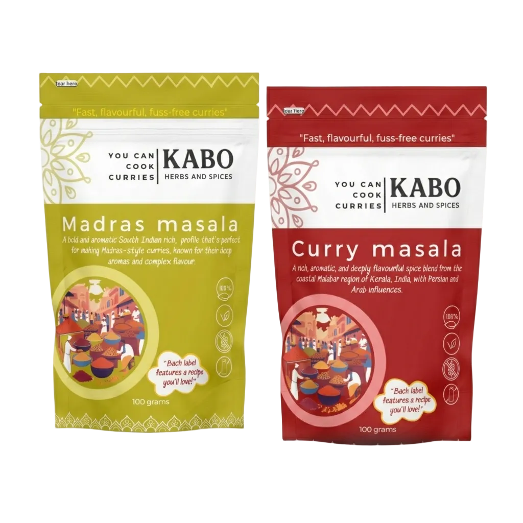 KABO Classic Indian Curry Bundle with Madras Curry Masala and Curry Masala pouches on a white background