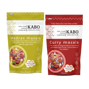 KABO Classic Indian Curry Bundle with Madras Curry Masala and Curry Masala pouches on a white background