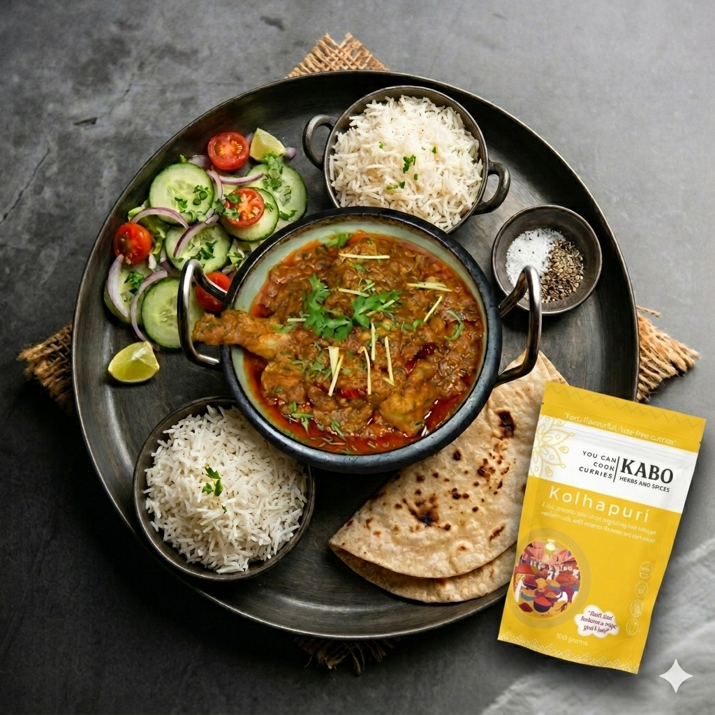 "Dish of chicken curry with intense flavoured sauce made from Kabo Kolhapuri masala served with rice, naan, and vegetables on a dark surface with KABO Kolhapuri pouch"
