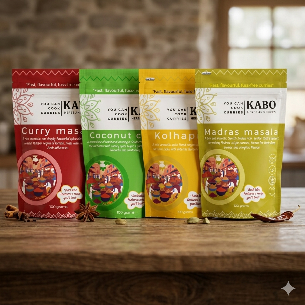 Kabo 4-Pack Curry Kit packaging – Melbourne-made artisan spice blends