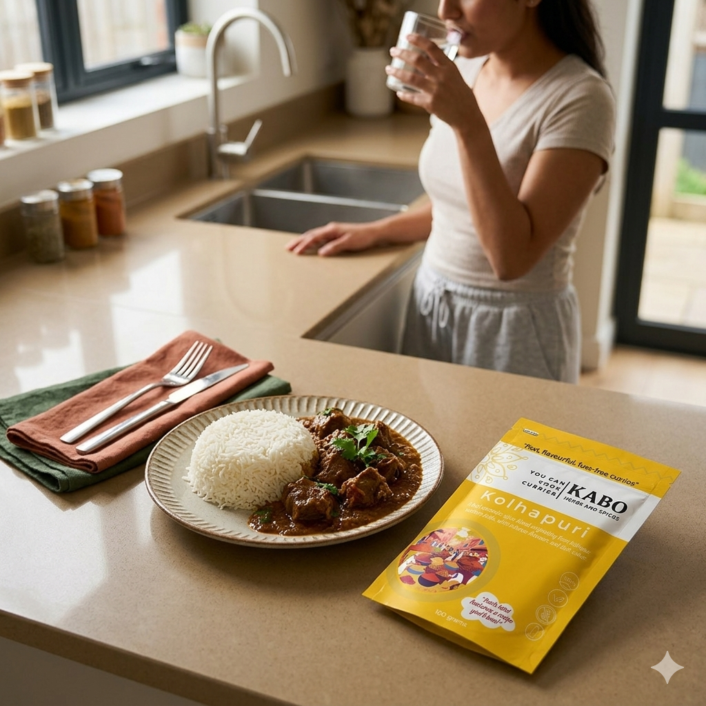 "Person drinking from a glass in a kitchen with a plate of Kolhapuri lamb curry and rice made with Kabo Kolhapuri"