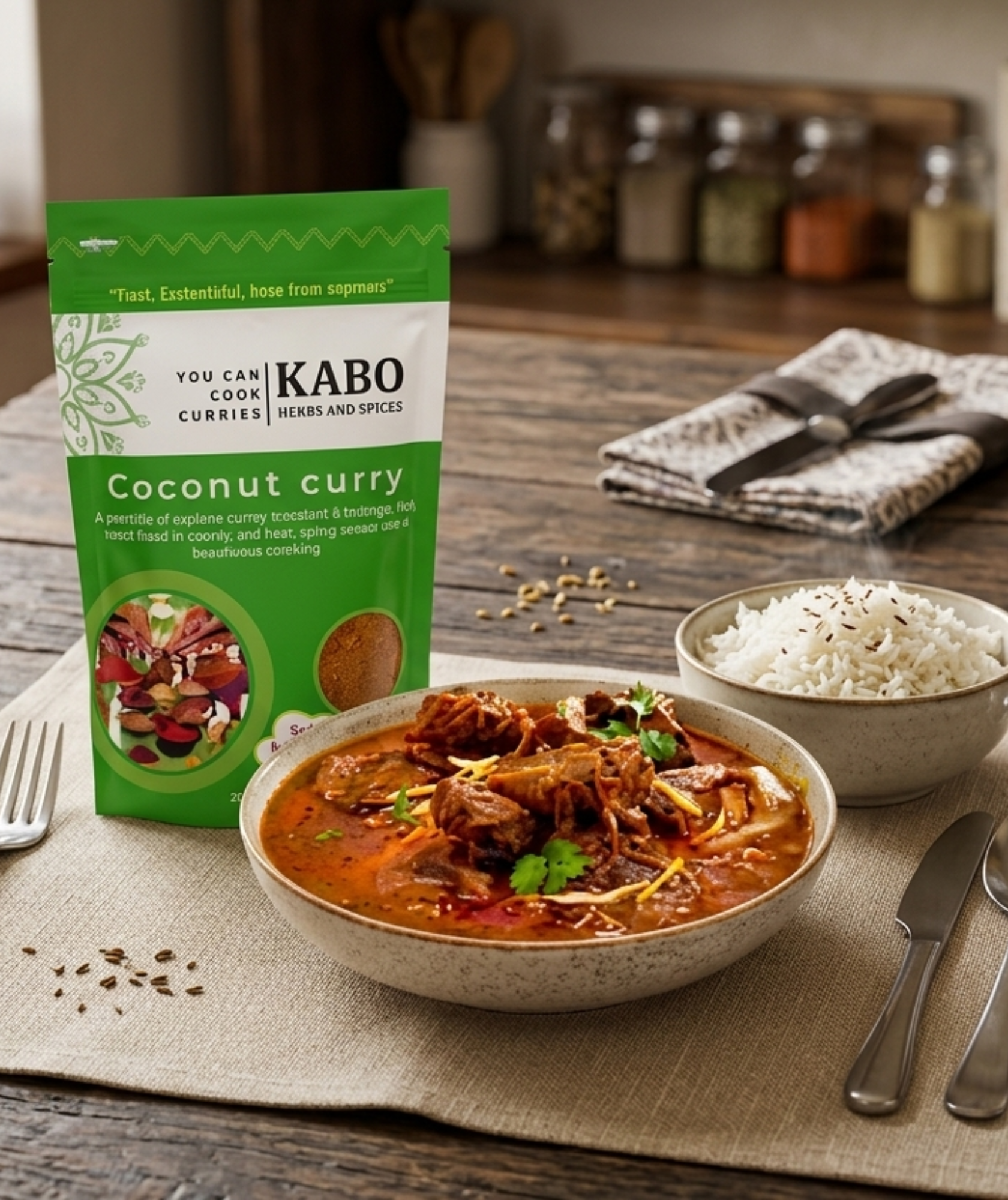 "Kabo coconut curry package with a bowl of curry and rice on a table"