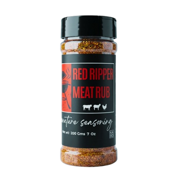 "Bottle of Red Ripper Meat Rub on a white background"