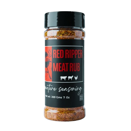 "Bottle of Red Ripper Meat Rub on a white background"